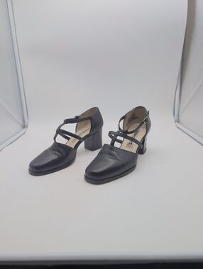 Report Bendel Sz 7.5 Classic Black Leather Dance Strappy Block Heel Pumps